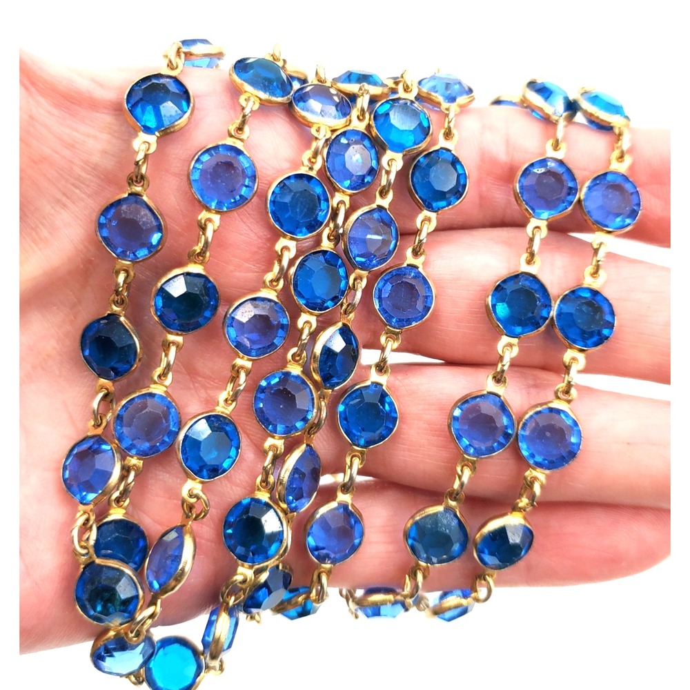 Vintage Blue Open Back Bezel Glass Necklace Faceted Gold Tone Opera 54"